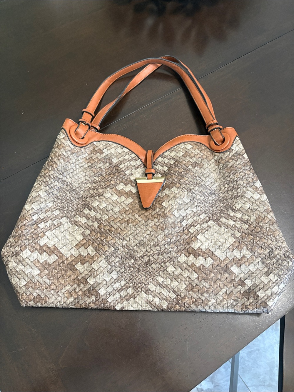 Woven Pattern Tote Bag with Tan Leather Trim